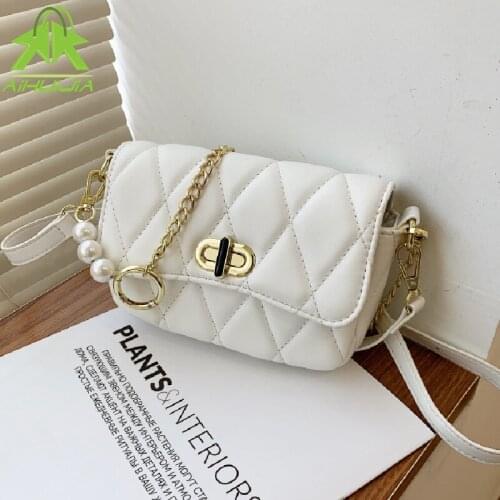 Fashion Lingge Female Messenger Bags Luxury Pearl Chain Ladies Shoulder Bag Summer The New High Quality Pu Leather Small Handbag
