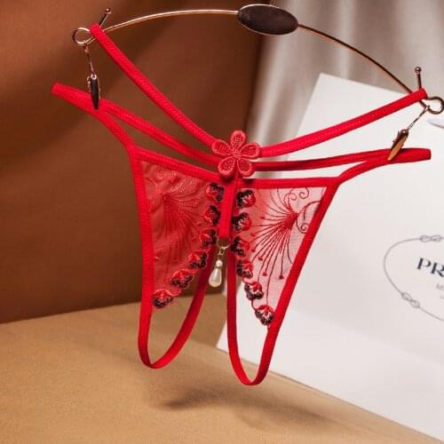 Women Briefs Sexy Embroidery Mesh hollow Out Lingerie Thong Low Waist Transparent G-String Pearl Pendant Free Open Sexy T Pants