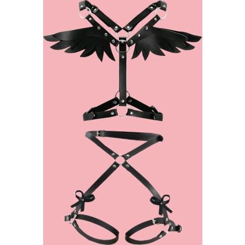 Harness for Women Angel Wings Leather Garters Set Gothic Suspender Waist Belt Bow Thigh Strap Body Bondage Sexy Lingerie Rave