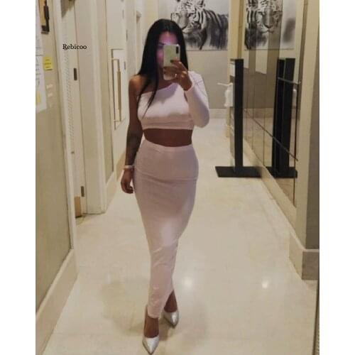 Women Long Sleeve Off Shoulder Crop Tops Long Pencil Skirt Skinny Slim Autumn Fall Two Piece Sets Clothes Suit 2Pc