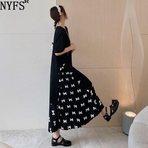 NYFS Summer Dress 2021 Korean New Loose Patchwork Pleated Bow Woman Dress Vestidos Robe Elbise Fashion Short Sleeves Dresses