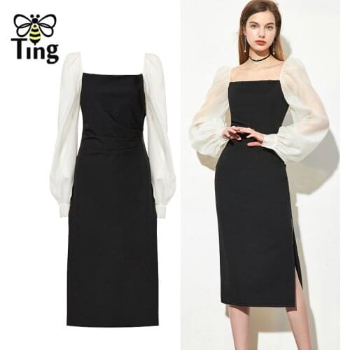 Tingfly Vintage Elegant Summer Black Office Style Dress Square Collar Long Lantern Sleeve Knee Length Vestidos Robes Zaful New