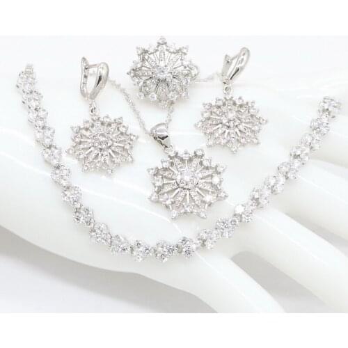 White Cubic Zirconia Sterling Silver Trendy Pendant Necklace Earring Bracelet Ring Fashion Jewelry Sets for women