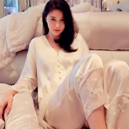 Free Shipping Spring Women White Silk Pajamas Long-Sleeved Long Pants 2 Piece Set Female Summer Princess Lace Sleepwear Sets