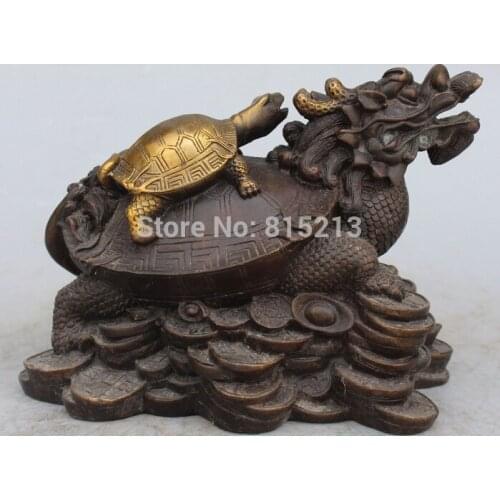 Bi00897 9" Chinese Bronze Gilt Wealth YuanBao Money Dragon Turtle tortoise Animal Statue