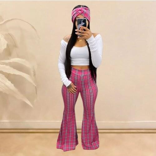 TNNAOFF Sexy Plaid Print Flare Pants for Women fall Fashion Skinny ElasticHigh Waist Joggers Fitness Streetweat Casual Trousers