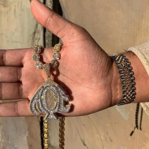 HipHop Iced Out Bling FULL CZ paved letter A C E Engraved Heart Pendant Necklace with long rope chain For Men Women punk jewelry