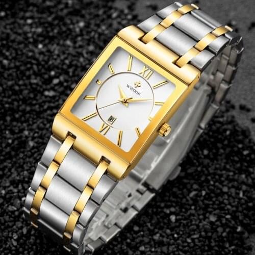 WWOOR Fashion Stainless Steel Watches Mens 2020 Top Brand Luxury Rectangle Quartz Date Clock Male Gold Business Dress Wristwatch