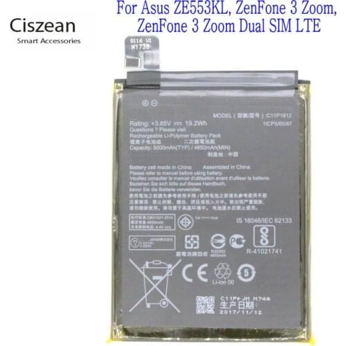 Ciszean 1x 5000mAh C11P1612 Replacement Battery For Asus ZenFone3 Zoom ZenFone 3 Zoom S ZE553KL Z01HDA Dual SIM LTE