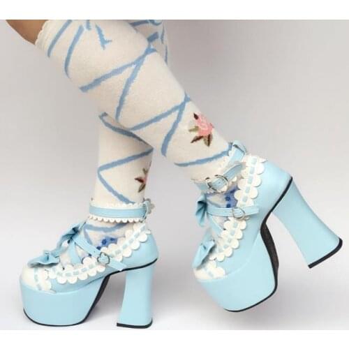 Gothic 12 CM Super High Heel Blue and White Trim Leather Pumps Sweet Lace Trim Bowknot Strap Lolita Girls Shoes