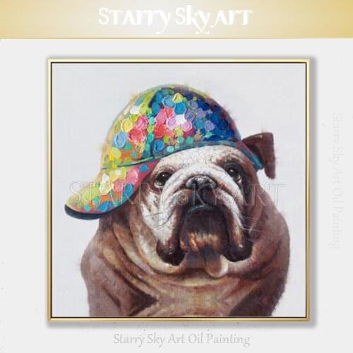 Artist Hand-painted Funny Animal English Bulldog Oil Painting on Canvas Lovely Funny Dog English Bulldog with Hat Oil Painting