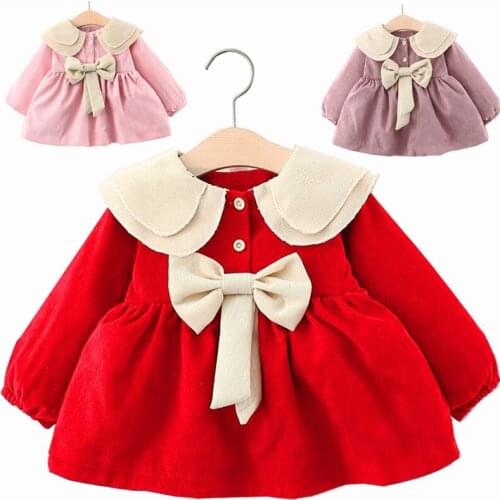 Winter Fall Girls Knee-length Dress Long Sleeve Clothes Children Kids Costumes Newborn Baby Rompers Vestidos Bebe Bow 2 3 4 Year