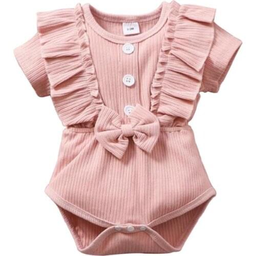 Newborn Girl Short Sleeve Romper With Ruffle Bow Decoration Little Princess Style Summer Clothing Cute And Sweet Skin-Friendly
