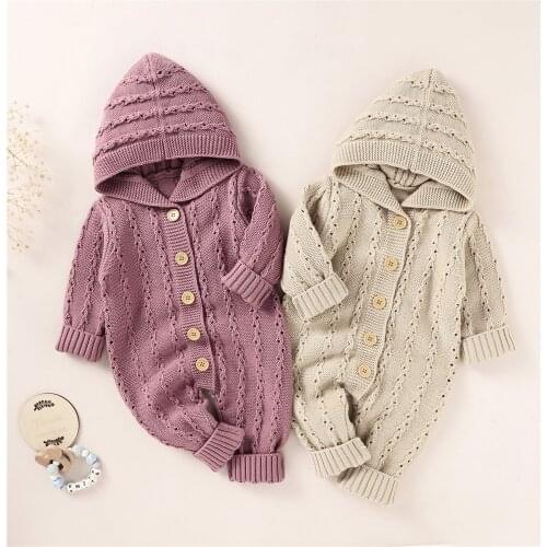 0-18 Months Toddler Jumpsuit Hooded Baby Kid Ropmers Solid Color Knitted Hooded Long Sleeves Romper Buttons for Baby Girls, Boys