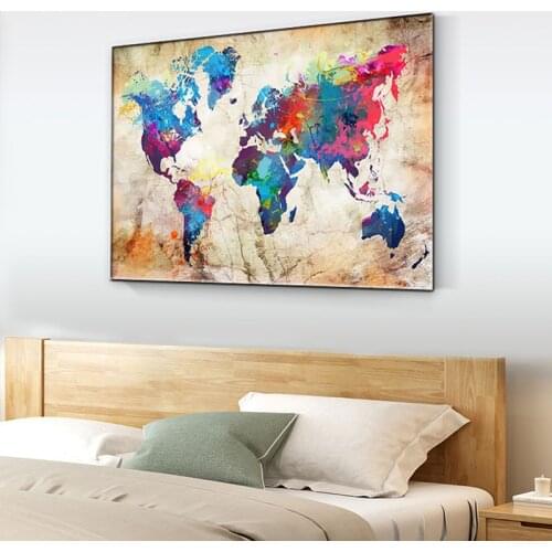 Colorful World Map Canvas Painting Abstract Art World Map Posters Prints Modern Interior Living Room Wall Decoration Pictures
