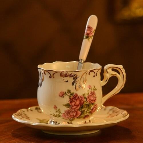 European Style Coffee Cup Set Household Ceramic Coffee Cup and Saucer Hand-painted Rose Porcelain Tea Cup Spoon Coffee Saucer