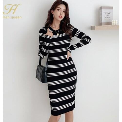 H Han Queen Autumn Women Stripe Pullovers Sweaters Knitted Dresses Pencil Sheath Dress Soft Warm Bottoming Knit Vestidos