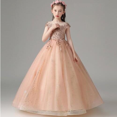 3~12T Children Girls Elegant New Embroidery Lace Pink/White Birthday Party Wedding Ceremony Princess Long Fluffy Dress Clothes