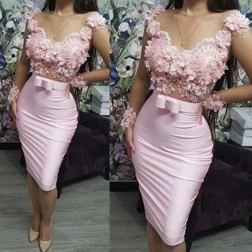 SuperKimJo Pink Evening Dresses Short Lace Applique 3D Flowers Beaded Mermaid Elegant Evening Gown Abiti Da Cerimonia Da Sera