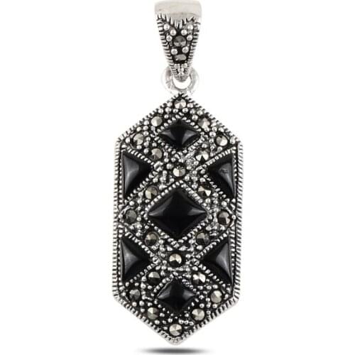Silver 925 Sterling Onyx & Marcasite Pendant