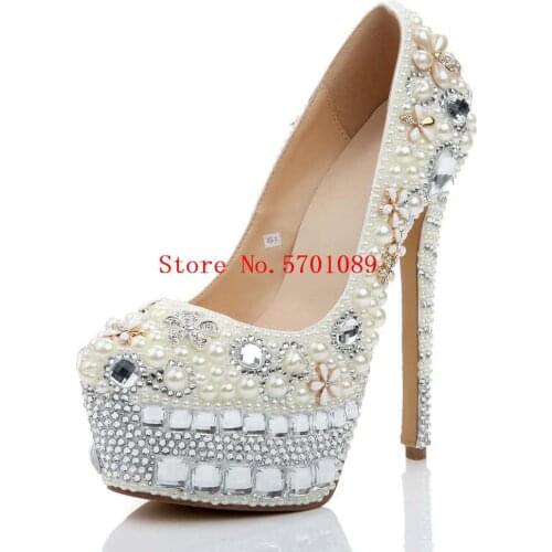Handmade Wedding Shoes New Platform Pearl Pumps Fashion Crystal 160mm High Heel Shoes Flowers Rhinestone Stud Shoes
