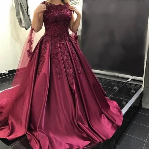 Vintage Lace Cap Sleeves Long Satin Burgundy Evening Dresses High Neck Applique with Crystals vestidos de fiesta Formal Dress