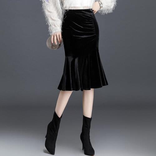 2021 Women Autumn Winter Casual Gold Velvet Mini Skirt Female Slim High Waist A-line Mermaid Skirt Lady Elegant Solid Falda G282