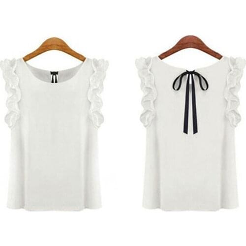 2020 Summer Sexy Chiffon Shirt Womens Elegant Bow Tie Blouse Casual O-Neck Butterfly Sleeveless White Women blouse Roupas