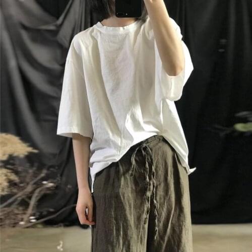 Women Summer Knitted Cotton Round Neck Short Sleeve Tops T-shirt Female Loose Solid Color Tees Tops Female T shirt