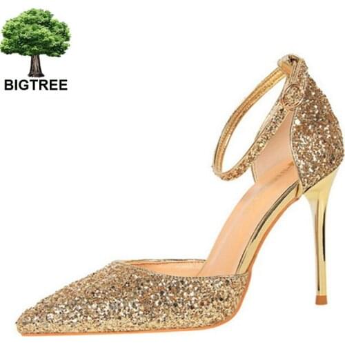 BIGTREE Women Buckle Solid Sequined Cloth Shallow High Heels Shoes Pointed Toe Thin Heels Womens Sandals Sexy Party Shoes