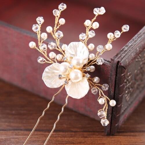 Handmade Gold Leaf Crystal Beads Women Hair Pins Sticks Pearl Flower Hairpins For Wedding Bridal Prom Hair Accessories
