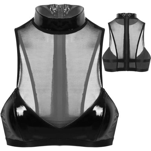 Women High Neck Black Patent Leather Sheer Mesh Patchwork Zipper Mini Crop Top Nightclub Party Rave Sexy Tops for Ladies