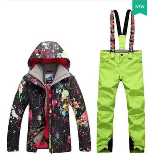Women Ski Suit Clearance Female Riding Climbing Snow Clothes Black Jacket And Yellow Green Suspender Pants Bib Pants Set