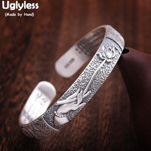 Uglyless Solid 990 Pure Silver Buddha Hand Lotus Open Bangles for Women Buddhistic Gifts Fine Jewelry Heart Sutra Bangles BA600