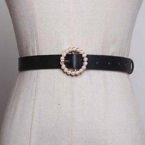 SeeBeautiful New Fashion 2020 Summer Autumn 5 Color Artificial Pearl Round Pin Buckle Girdle PU Leather Waist Belts Women A833