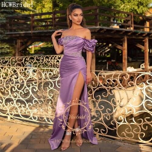 Lavender Strapless Sexy Prom Dresses High Slit Off The Shoulder Chic Beads Satin Long Formal Dress Women Special Occasion Gown