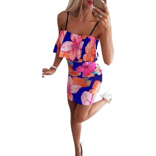 2020 Fashion Floral Printed Strap Dress Ruffled Women Summer Dress Ladies Party Night Sexy Tight Halter Bodycon Dress Drop Ship