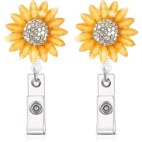 2 Pcs Crystal Rhinestone Sunflower Badge Reel Retractable Badge Clip Name Tag Holder Reel With Alligator Clip For Nurse