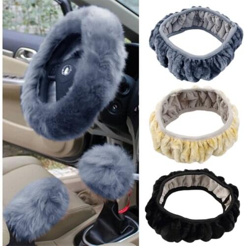 3 pcs/set Charm Warm Long Wool Plush car Steering Wheel Cover woolen Car Handbrake Accessory hot selling