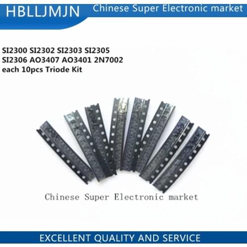 80pcs SMD Field-Effect Transistor Pack SI2300 SI2302 SI2303 SI2305 SI2306 AO3407 AO3401 2N7002 each 10pcs Triode Kit