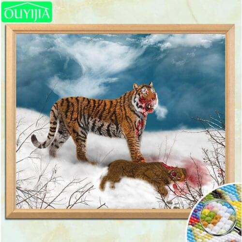 OUYIJIA Tiger And Prey In The Snow 5D DIY Diamond Painting Full Square Diamond Embroidery Picture Of Rhinestones Mosaic Painting