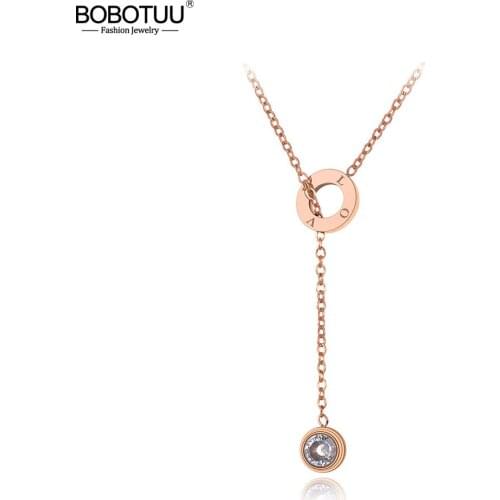 BOBOTUU Titanium Stainless Steel CZ Crystal Choker Necklaces Jewelry Trendy Love Charm Pendant Necklace For Women BN20023