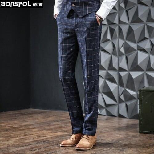 Brands BONSPOL New Men Plaid Pants Straight Leisure Suit Pants Winter Pants Mens Designer Trousers