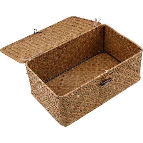 Hand-Woven Large Capacity Home Organiser Desktop Multi-Purpose Rattan Storage Basket Kitchen Bedroom With Lid Portable Pastoral