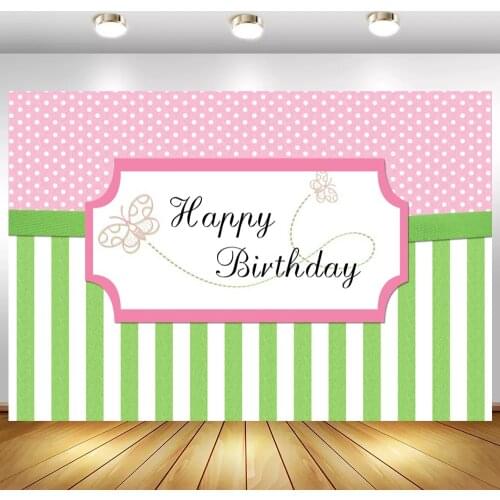 Green White Striped Newborn Baby Photography Background Custom Pink Frame Butterfly Girl Birthday Backdrop Cake Table Decor