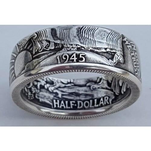 1Pcs Handmade Coin Rings Vintage Morgan Silver Half Dollar 1945 Carved Jewelry Ring In God Collecting Jewelry