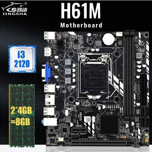 JINGSHA H61M LGA 1155 Motherboard Set with I3-2120 CPU and DDR3 2*4GB 8GB PC RAM 1333MHZ H61 Intel Chipset Motherboard SATA2.0