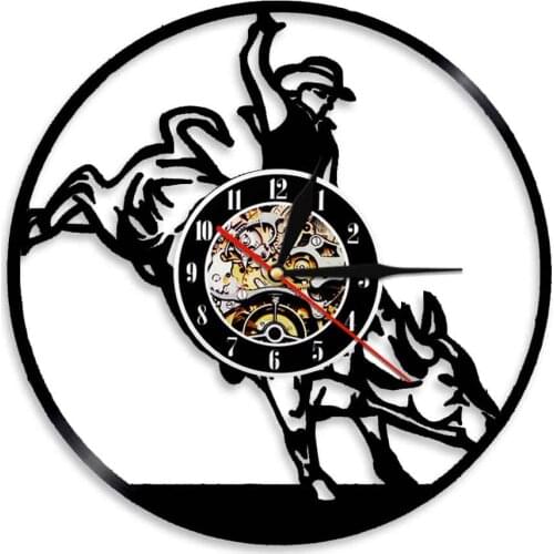 Bull Rider Cowboy Silhouette Wall Clock Vintage Western Cowboy Bullfighter Vinyl Record Wall Clock Retro Wall Art Decor