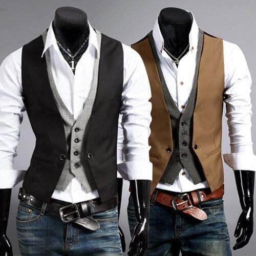 Fake Two-pieces Vests Men Single-breasted Sleeveless Vest Men Slims Sleeveless Waistcoat Men Slim Formal Vest chaleco hombre