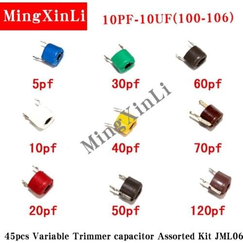 45pcs Variable Trimmer capacitor Assorted Kit JML06 5pf 10pf 20pf 30pf 40pf 50pf 60pf 70pf 120pf Adjustable capacitors set pack